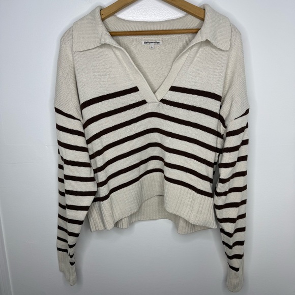 REFORMATION Francesco Brown and Cream Cotton Polo Sweater - Picture 2 of 6
